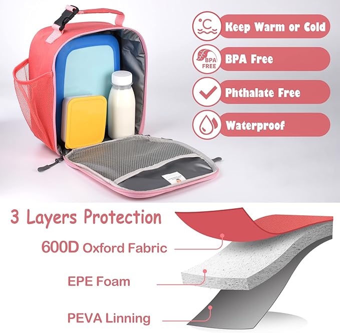 Lunch Box Kids,Premium Insulated Lunch Bag for Girls Boys,Soft Bag Mini Cooler Back to School Thermal Reusable Lunch Bag for Work School Picnic (Pink)