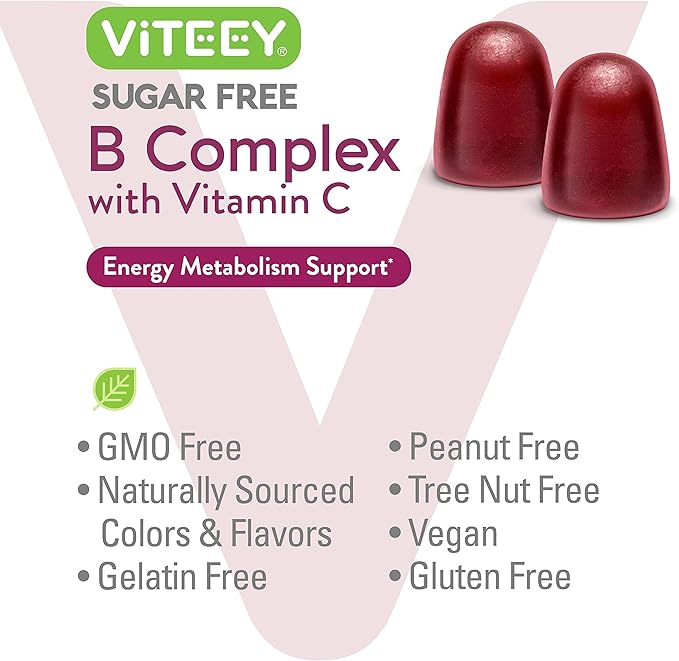 Vitamin B Complex Gummies with Vitamin C, Sugar Free - Energy, Metabolism & Nerve Health - B6, B12, Folic Acid, Biotin - Vegan, Gelatin Free, GMO Free - Tasty Chewable Strawberry Flavored Gummy