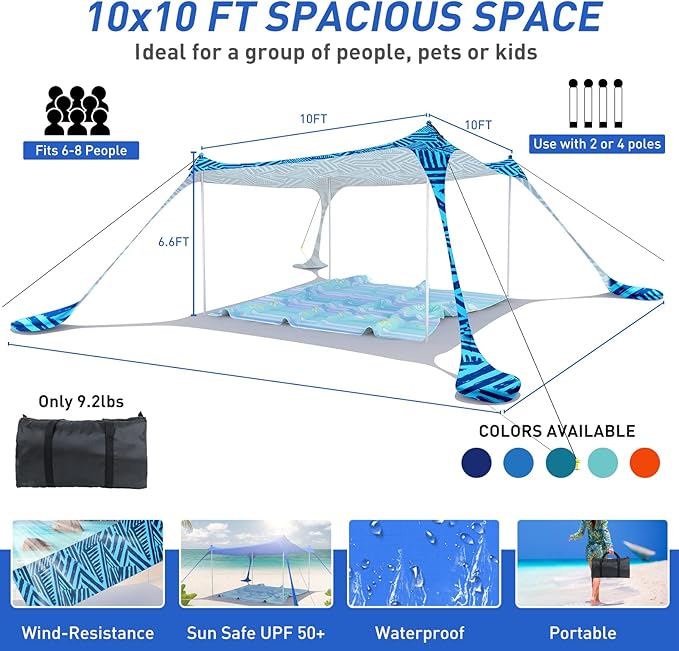 Beach Tent Pop Up Sun Shade Canopy Sun Shelter UPF50+ with 4 Stability Poles/Carry Bag/Ground Pegs/Sand Shovel/Windproof Ropes Portable Outdoor Family Sunshade for Beach Camping Fishing Picnic