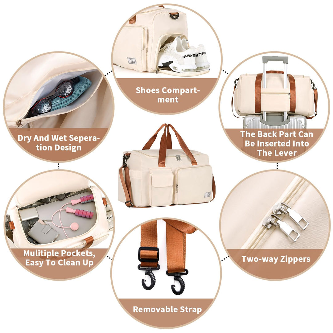 FIORETTO Women's Water-Resistant Gym Duffle Bag with Shoes Compartment, 37L Capacity, Multi-Functional, Ideal for Travel, Gym, Sports, Weekender, with Toiletry Bag, Beige