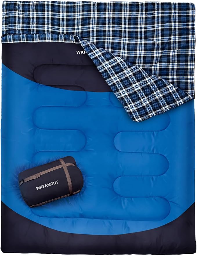 Cotton Flannel Double Sleeping Bag for Adults Machine Washable 2 Person Camping Sleeping Bag Queen Size Waterproof with Compression Sack for Cold Weather 3-4 Seasons