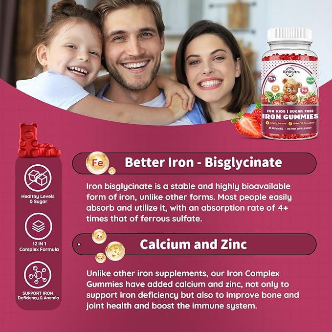Iron Supplement Gummies for Kids - with Calcium, Zinc, Kids Multivitamin with Iron Gummies - Immune Support, Blood Builder & Energy Support for Iron Deficiency - 2 Pack Strawberry Flavour, 60 Gummies