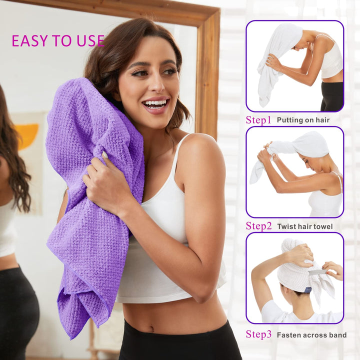 BYCOO 2 Pack Large Microfiber Hair Towel Wrap for Women, Anti Frizz Hair Drying Towel, Fast Dry Hair Turban for Wet Hair, Long, Thick, Curly Hair, Super Absorbent Soft Hair Towels (Purple & White)