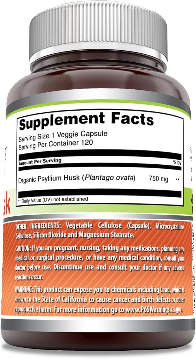 Amazing Formulas Psyllium Husk 750mg Veggie Capsules Supplement | Non-GMO | Gluten Free | Made in USA | Suitable for Vegetarians (120 Count)