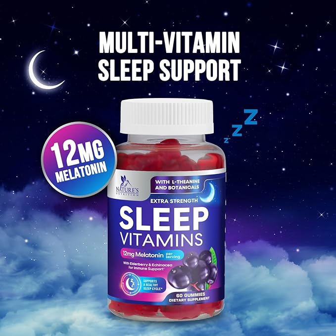 Sleep Gummies - 12mg Melatonin Natural Sleep Vitamin Supplement Formula with L-theanine, Chamomile, & Lemon Balm - Extra Strength Sleep Gummy, Non-Habit Forming Restful Sleep Women & Men - 60 Gummies