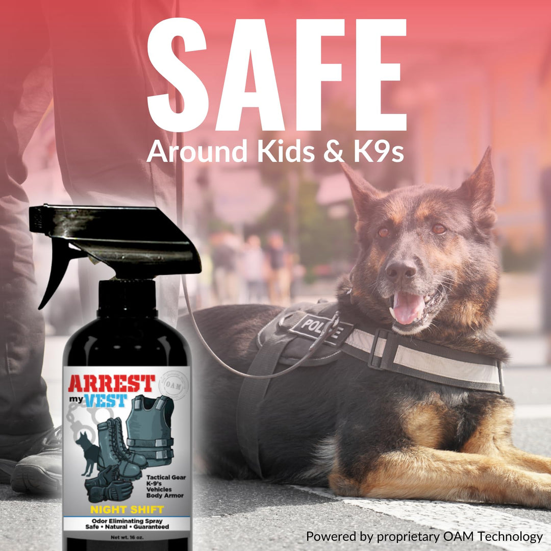 Arrest My Vest Military and Police Grade Odor Eliminating Spray for Body Armor, Tactical Gear. Safe on K9's, ballistic vests and all fabrics including leather - Unscented - 2 16 oz Bottles