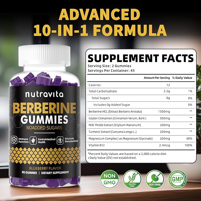 Berberine Gummies with Ceylon Cinnamon 1500mg High Potency Berberine HCL Supplement for Immune and Metabolism Support, Sugar Free Organic Berberine Gummies Blueberry Flavor-1PACK