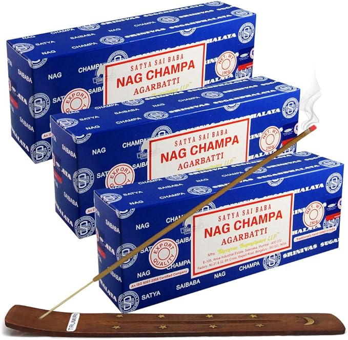 Satya Sai Baba Nag Champa 250g Incense Sticks and Holder Bundle - Pack of 3 (Approx 750 Sticks)
