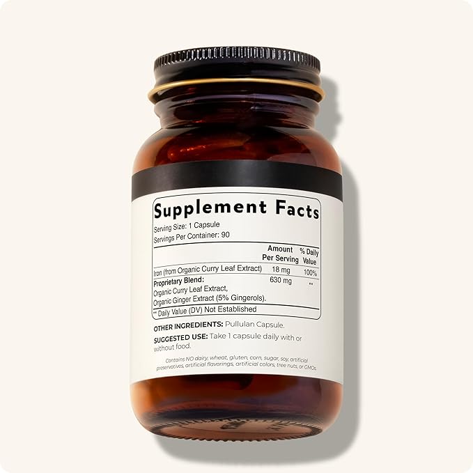 Blisque - Organic Plant-Based Iron Formula for Blood Health, Immune Support, and Energy | from Organic Curry Leaf Extract | 90 Capsules