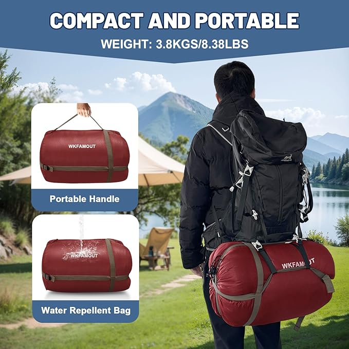 Cotton Flannel Double Sleeping Bag for Adults Machine Washable 2 Person Camping Sleeping Bag Queen Size Waterproof with Compression Sack for Cold Weather 3-4 Seasons