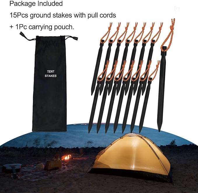 15Pack Tent Stakes, 7075 Aluminum Tent Stakes Heavy Duty, Metal Stakes with Pull Rope, Lightweight Tent Pegs for Backpacking, Durable Camping Tent Accessories, Black
