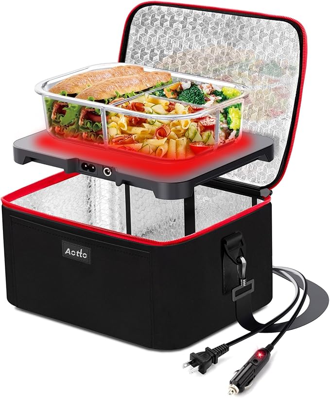 Aotto Portable Oven, Electric Lunch Box Food Heater - 12V/24V/110V 3-in-1 Car Food Warmer - Heated Lunch Box for Adults - Cook, Reheat & Keep Meals Warm for Car, Truck, Travel, Work, Home - Black Red