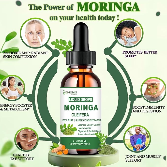 Pure Moringa Oleifera Liquid Drops, Organic Moringa Leaf Extract w. Turmeric, Black Pepper, Moringa Supplement for Energy Metabolism Immune Skin Joint & Gut, 6X Stronger Than Moringa Capsules Powder