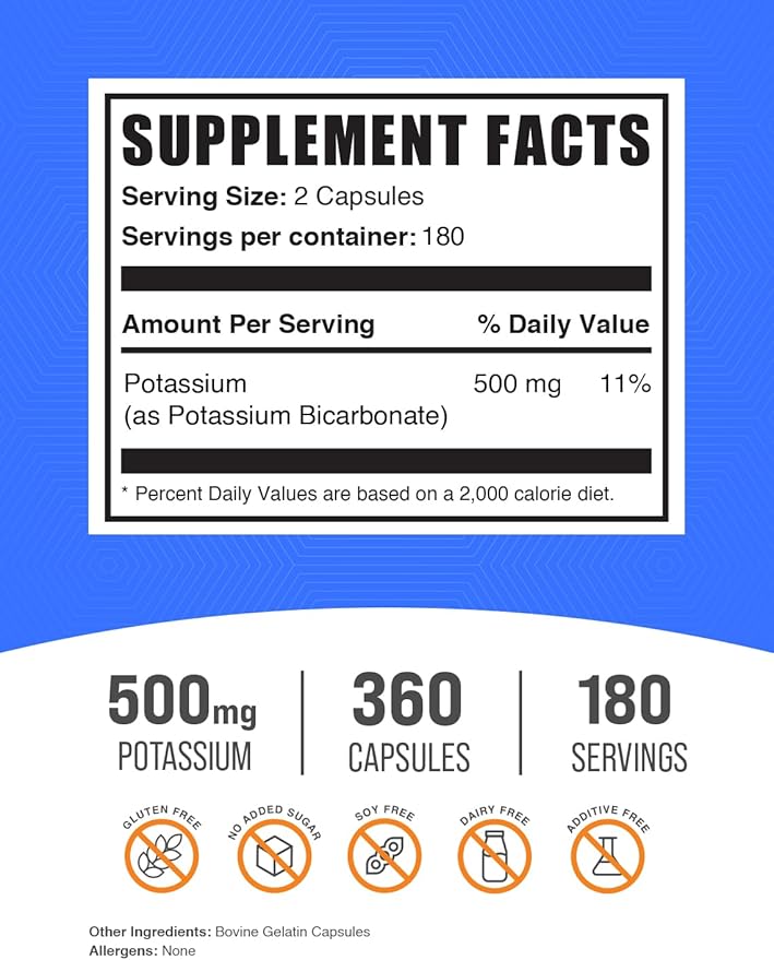 BulkSupplements.com Potassium Bicarbonate Capsules - Potassium Bicarbonate Supplement, 500mg of Potassium - Essential & Gluten Free, 2 Capsules per Serving, 360 Capsules (Pack of 1)