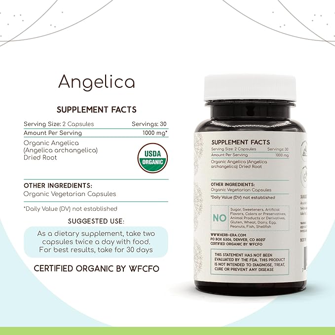 Angelica USDA Organic 60 Capsules | Natural Herbal Supplement | Certified Organic Vegetarian Capsules and Organic Angelica (Angelica archangelica) Dried Root (60 Capsules)