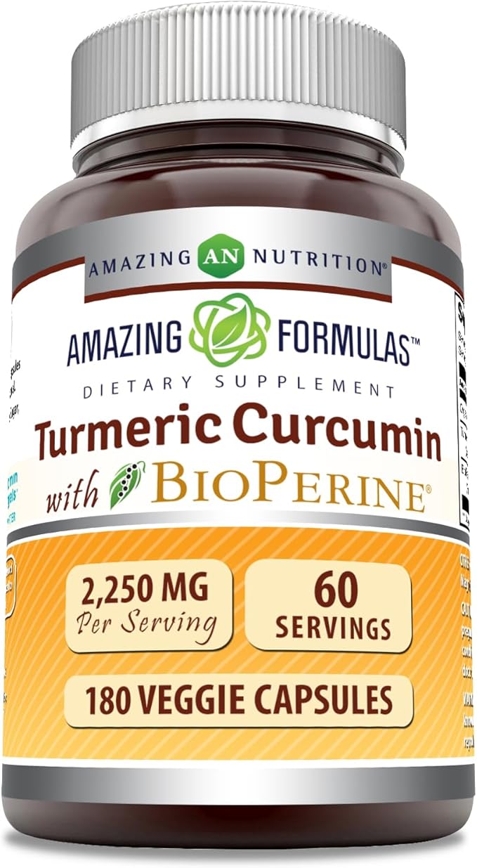 Amazing Formulas Turmeric Curcumin with Bioperine Supplement | 2250 Mg per Serving | Veggie Capsules | Non-GMO | Gluten-Free | Made in USA (1 Pack, 180 Count)