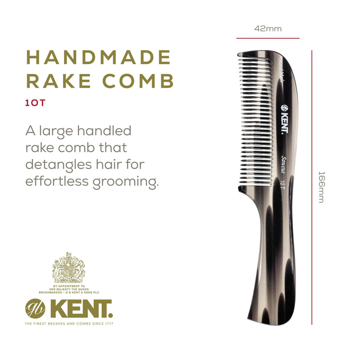 Kent 10T Large Hair Detangler Comb, Handmade Wide Tooth Comb for Curly Hair, Detangling Comb For Wet and Dry Hair, Rake Comb for Women Hair Combs for Thick Hair, Saw-Cut and Hand Polished (Graphite)