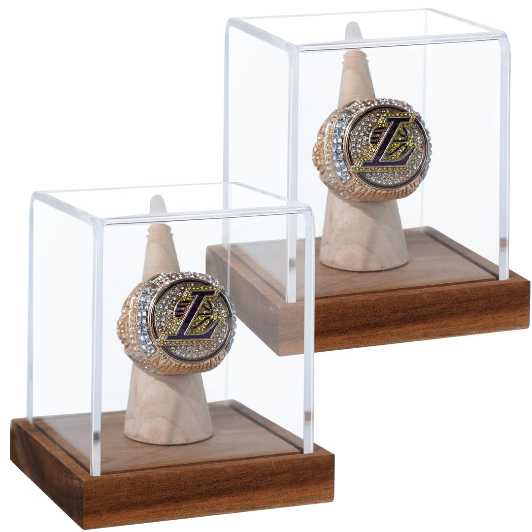 JupDec Championship Ring Display Case 2 Pack, Clear Acrylic Single Ring Holder with Wood Stand Base for Sports Basketball Baseball Fan Souvenirs Military, UV Protection
