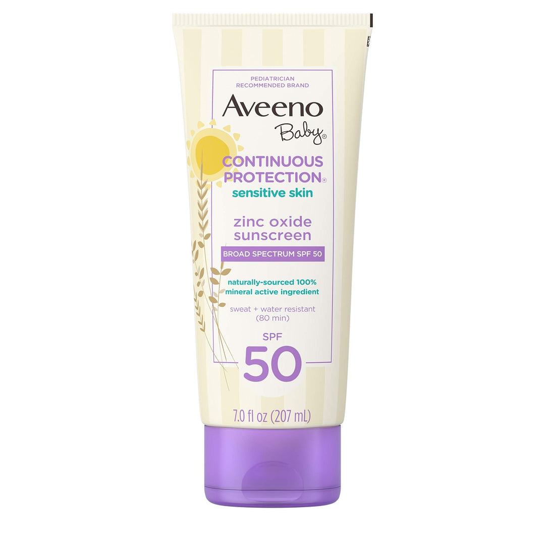 Aveeno Baby Continuous Protection Zinc Oxide Mineral Sunscreen Lotion For Sensitive Skin, Broad Spectrum Spf 50, Tear-Free, Swea