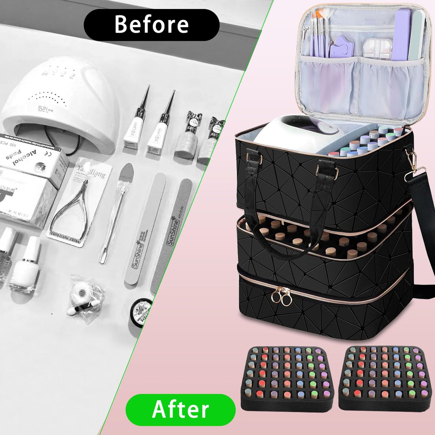 3-Layer Travel Makeup Bag,Nail Polish Organizer,Nail Tools Storage,2 in 1 Removable Polish Package,Waterproof,Adjustable Dividers Compartment,Holds 84 Bottles of 15ML Nail Polish