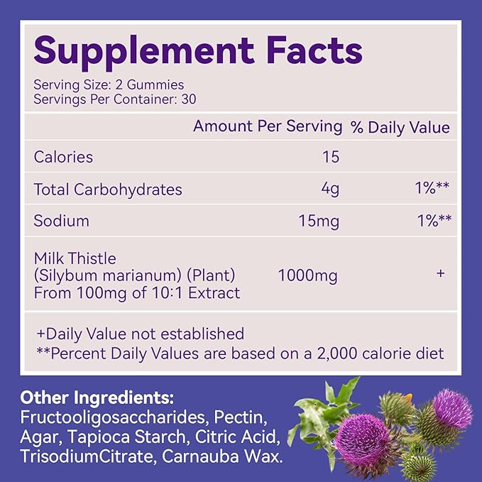 Milk Thistle Gummies, Milk Thistle Extract 1000mg, Liver Detox, Antioxidant Support, Non-GMOs, Non-Gluten, Vegan, Milk Thistle Supplement, 60 Count(Pack of 2)