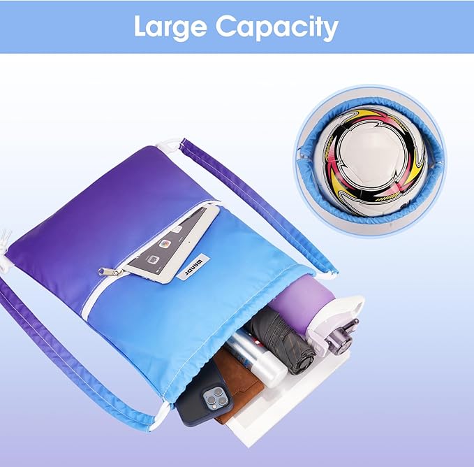 WANDF Drawstring Backpack Sports Gym Bag with Shoulder Pads Water Resistant String Cinch Bag for Women Men (Blue Gradient)