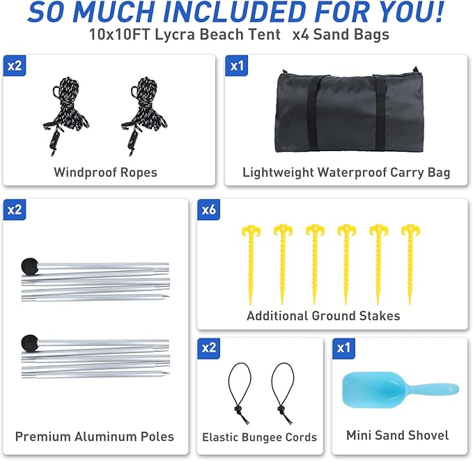 Beach Tent Pop Up Shade Canopy Sun Shelter UPF50+ with 2 Stability Poles/Carry Bag/Ground Pegs/Sand Shovel/Windproof Ropes Portable Outdoor Family Sunshade for Beach Camping(Navy Blue,10×10FT)