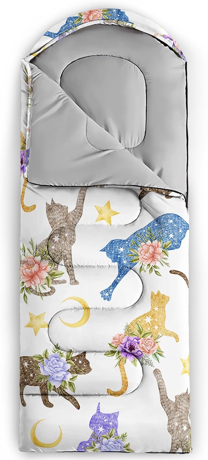 AILONEN Kids Floral Cat Camping Sleeping Bags,Lightweight & Waterproof,3 Season Warm & Cool Weather,Kawaii Kitten Sleeping Bags for Girls Adults,Travelling,Outdoors