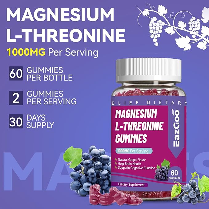Magnesium Threonine Gummies 1000mg, L-Threonine Gummies for Adults, Best Magnesium Supplements for Brain, Non-GMO, Gluten Free, Vegan, 60 Grape Magnesium Gummies, 30 Day Supply