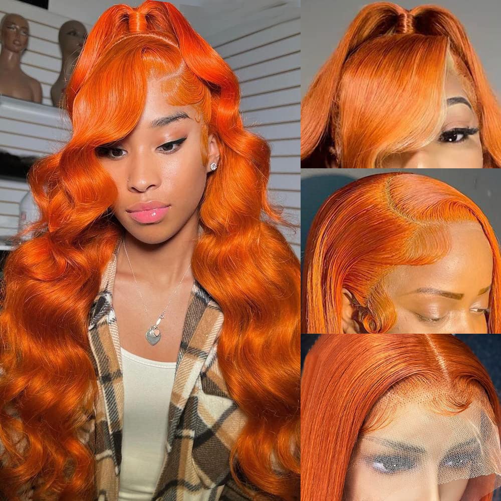 Avolo Ginger Lace Front Wigs Human Hair Pre Plucked Colored Orange Ginger Human Hair Lace Front Wigs Body Wave 13X4 180% Density