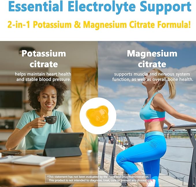 Potassium Magnesium Gummies, Magnesium Citrate & Potassium Citrate Supplements with Vitamin D3, B6 for Electrolyte Balance, Muscle, Leg Cramps, GMO Free Gluten Free (Pineapple,60 Count)