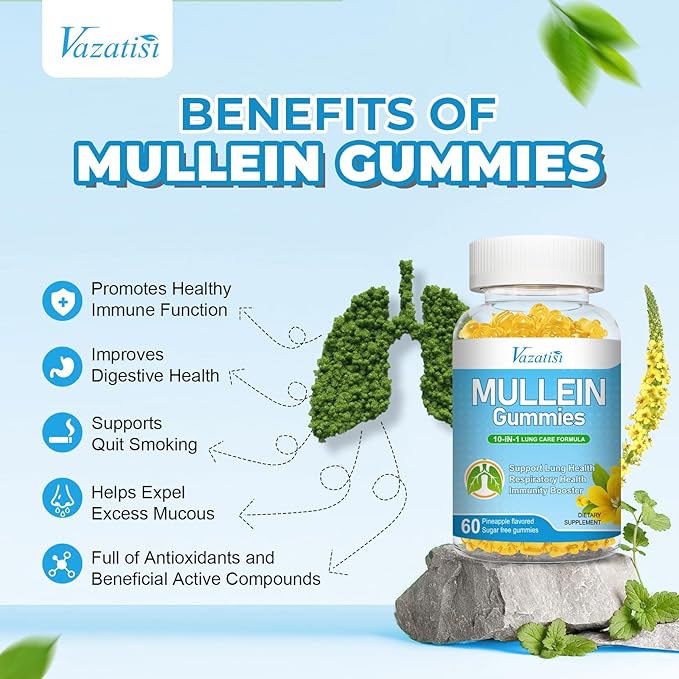 Mullein Gummies, Mullein Leaf Extract for Lungs Gummies with Bromelain, Quercetin, Magnesium - Lung Detox & Cleanse, Pineapple Flavor, 120Cts