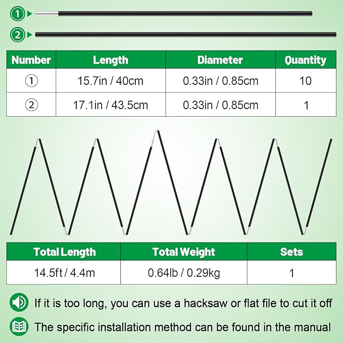 Aluminum Tent Poles Replacement - Pre-Assembled Tent Poles, Fits Both Female and Male Ends - Lightweight Tent Pole Repair Kit for Hiking Camping Backpacking Tent, 14.5FT