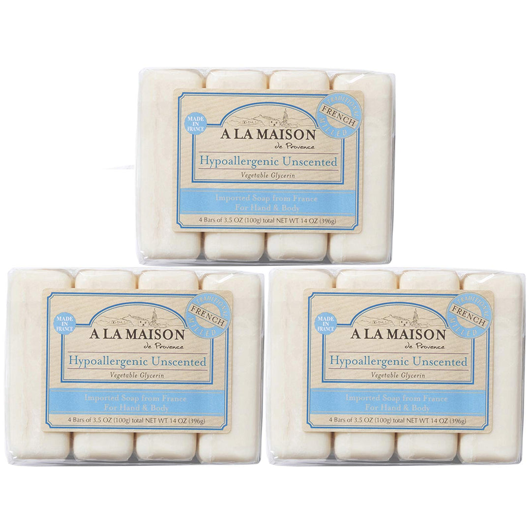 A La Maison Hypoallergenic Unscented Bar Soap - Triple French Milled Natural Moisturizing Hand Soap Bar (12 Bars Of Soap, 3.5 Oz