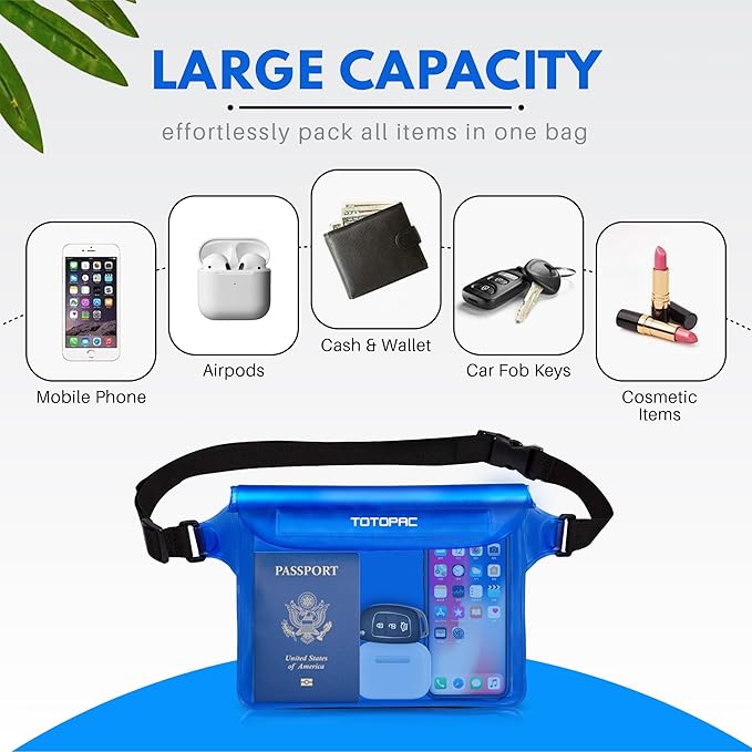 2-Pack Waterproof Fanny Pack, Phone Pouch with Waist Strap, 9x6.7 Inch Dry Bag for Phone, Cash, and Valuables – for Swimming, Kayaking, Boating, Snorkeling, and Water Sports (2, Blue + Blue)