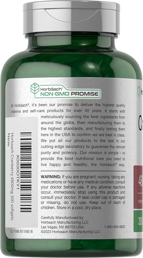 Horbäach Cranberry Pills for Women and Men 4800mg | 300 Softgels | Non-GMO, Gluten Free Supplement | from Concentrate Extract