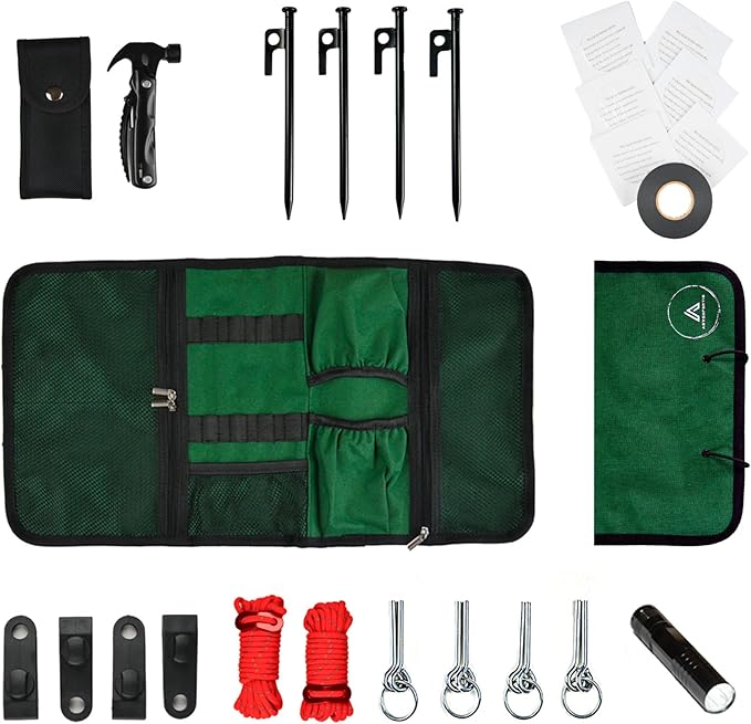 Adventfortis USA: 25 Piece Ultimate Summer Camping Essentials kit, Fully Equiped Tent Repair kit, Heavy Duty Tent Stakes, Multifunction Camping Hammer, Repair Patches.