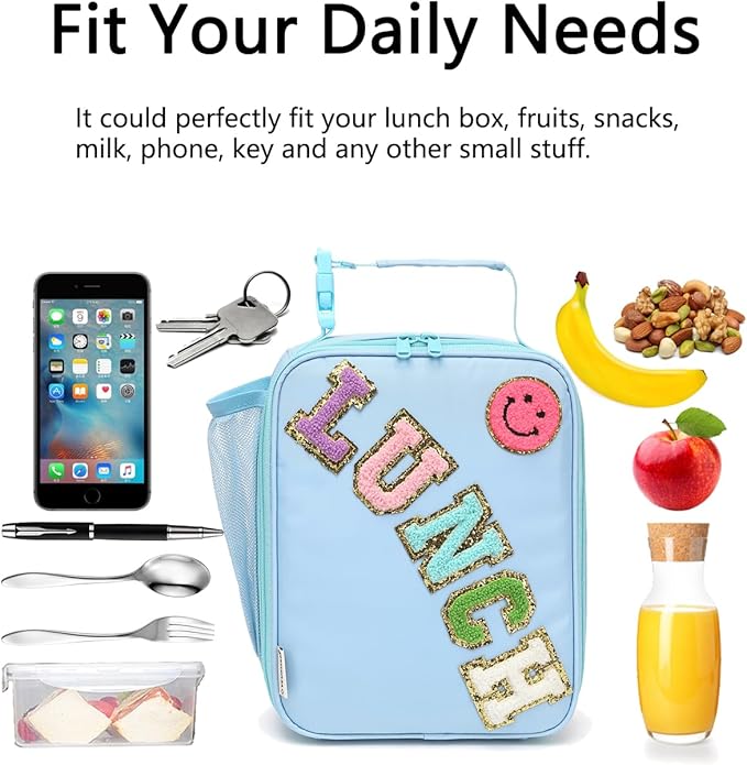 Insulated Lunch Bag for Women Girl Teen large Insulated Kid Lunch Bag,Large Reusable Cute Cooler Bag for School Work Picnic,Blue Alphabet