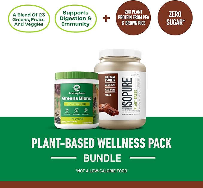 Bundle of Amazing Grass Greens Superfood Powder: Original, 30 Servings + Isopure Chocolate Vegan Protein Powder, Plant Based, Organic Pea Protein, Dairy Free, 20 Servings (Packaging May Vary)