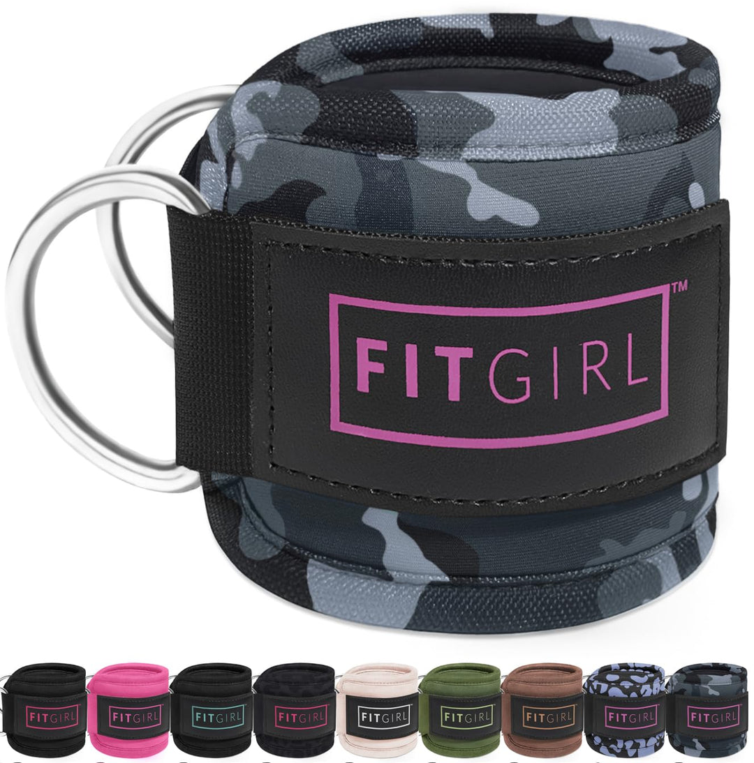 FITGIRL - Ankle Strap for Cable Machines and Resistance Bands, Work Out Cuff Attachment for Home & Gym, Glute Workouts - Kickbacks, Leg Extensions, Hip Abductors, For Women Only (Camo, Pair)