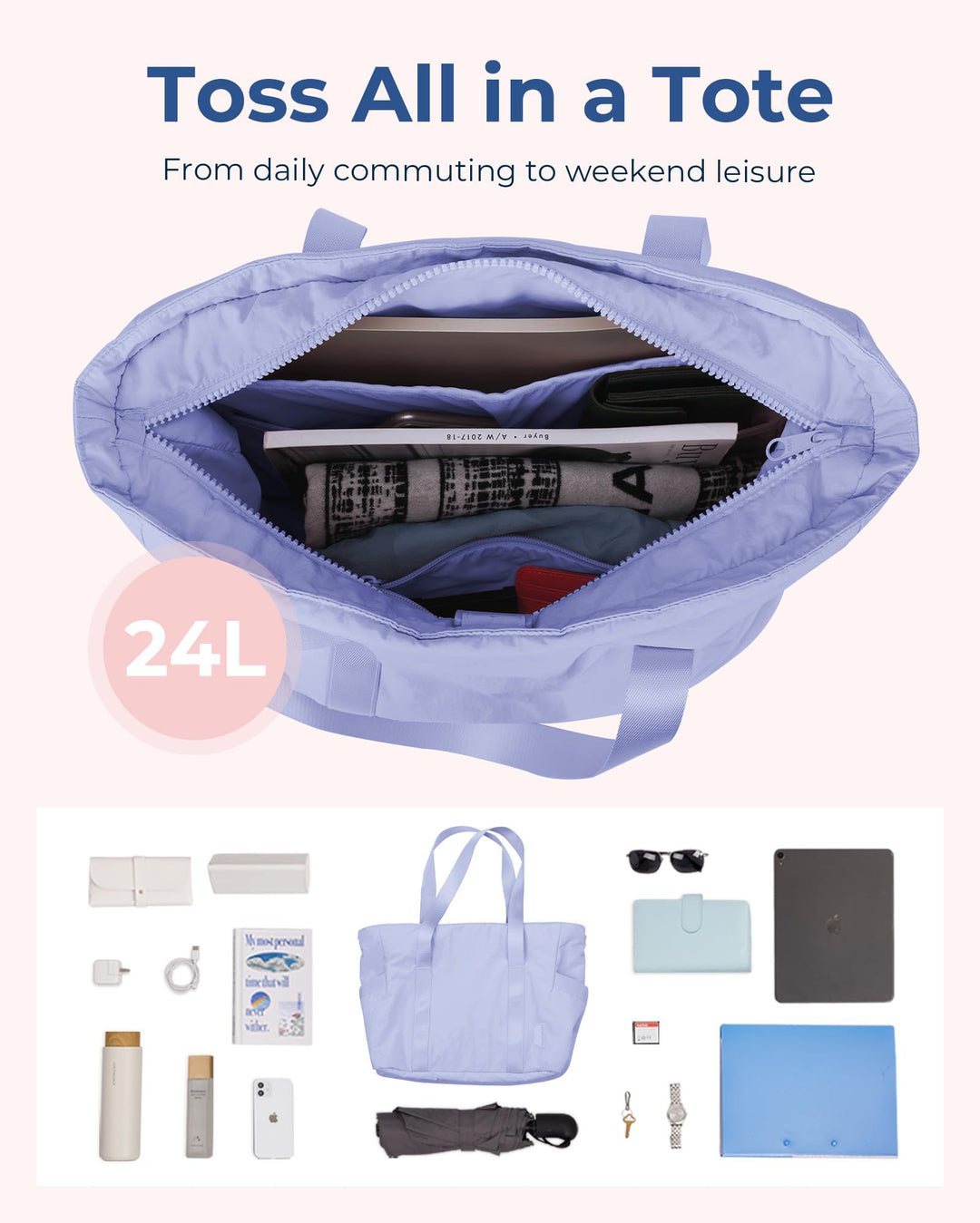 BAGSMART Tote Bag for Women with Zipper, Gym Tote with Compartments, Laptop Work Tote Nurse Dance Yoga Bag for Sport, Travel