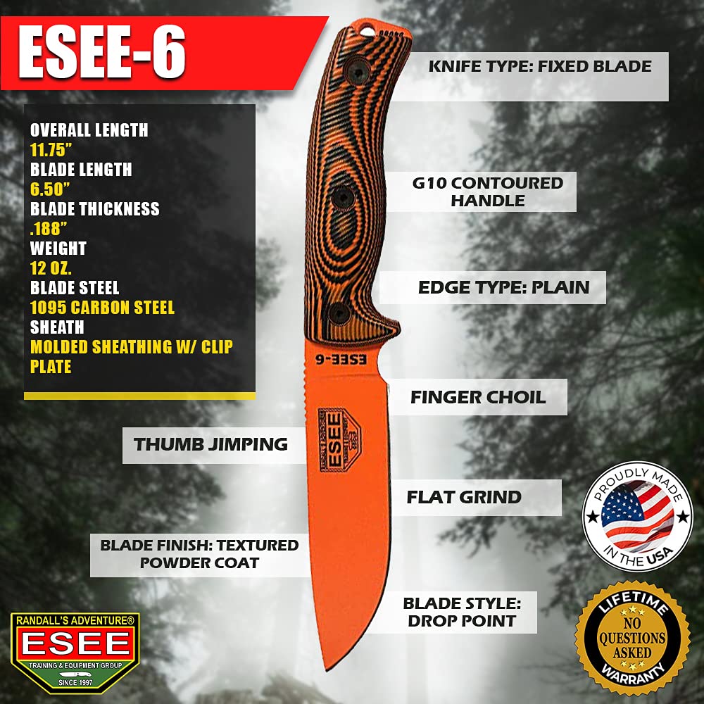 ESEE-6 1095 Carbon Steel, Black Sheath (Orange Blade, Orange/Black G10 3D Handle)