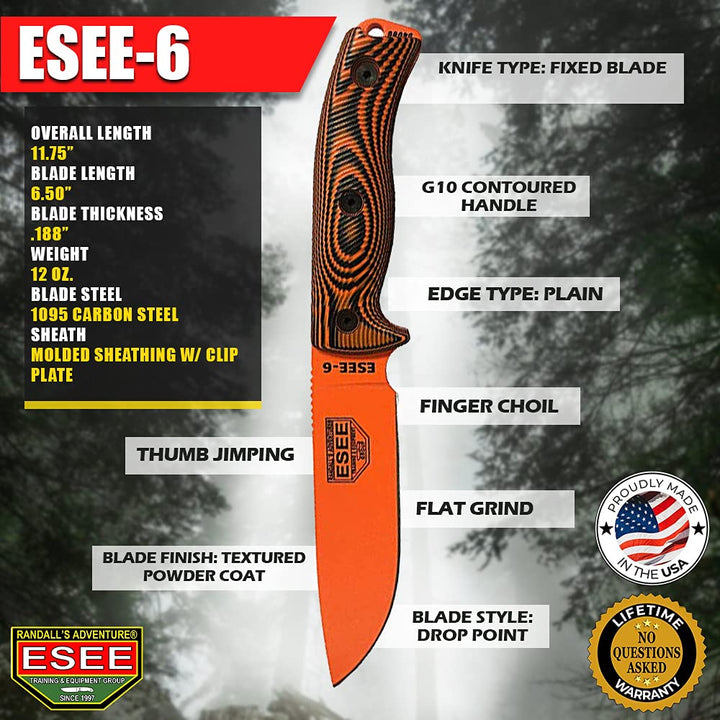 ESEE-6 1095 Carbon Steel, Black Sheath (Orange Blade, Orange/Black G10 3D Handle)
