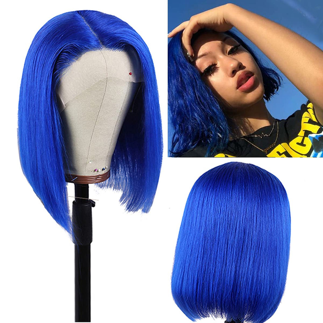 Blue Lace Front Bob Wigs Human Hair For Women 13X4 Hd Transparent Bob 12'' Pre Plucked With Baby Hair Bleached Knots Middle Part