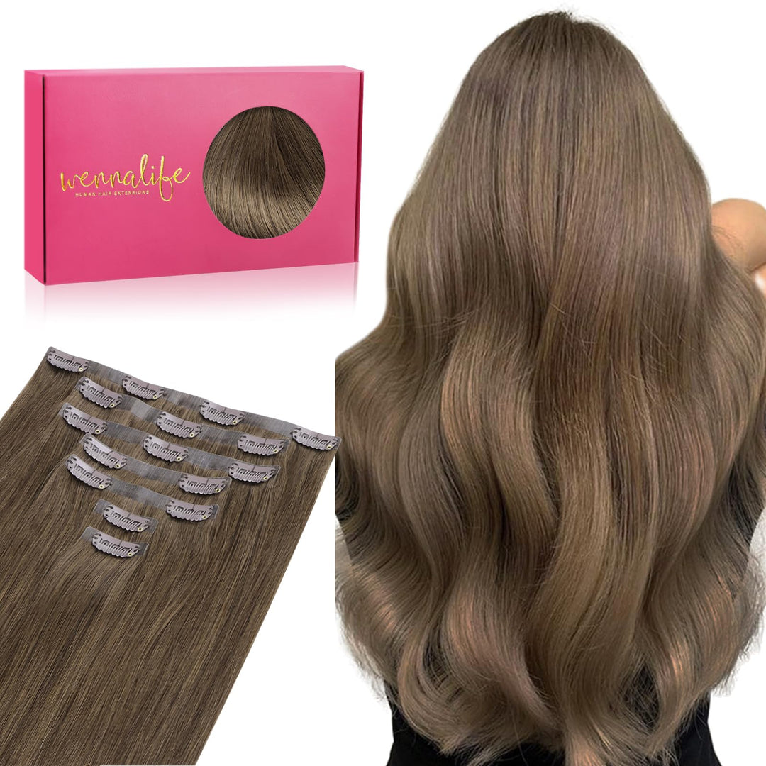 Wennalife Seamless Clip In Hair Extensions Human Hair, 16 Inch 130G 7Pcs Light Ash Brown Real Hair Extensions Clip In Human Hair