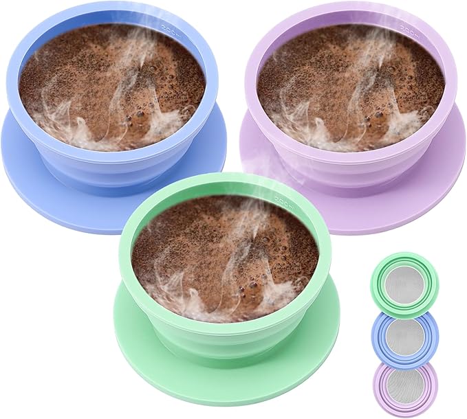 3 Pack Collapsible Travel Pour Over Coffee Maker Camping, Paperless Travel Collapsible Pour Over Coffee Dripper Kit, Silicone Reusable Coffee Strainer Pour Over Cup