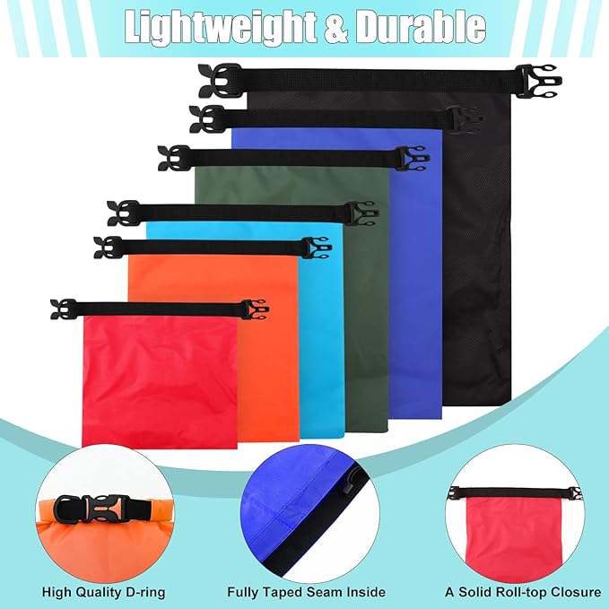 6Pack Waterproof Dry Bags,Ultimate Dry Sack,Lightweight Outdoor Dry Sacks,Multicolour Dry Bag for Kayaking Hiking Rafting Boating Camping Swimming Travel(1.5L, 2.5L, 3L, 3.5L, 5L, 8L)