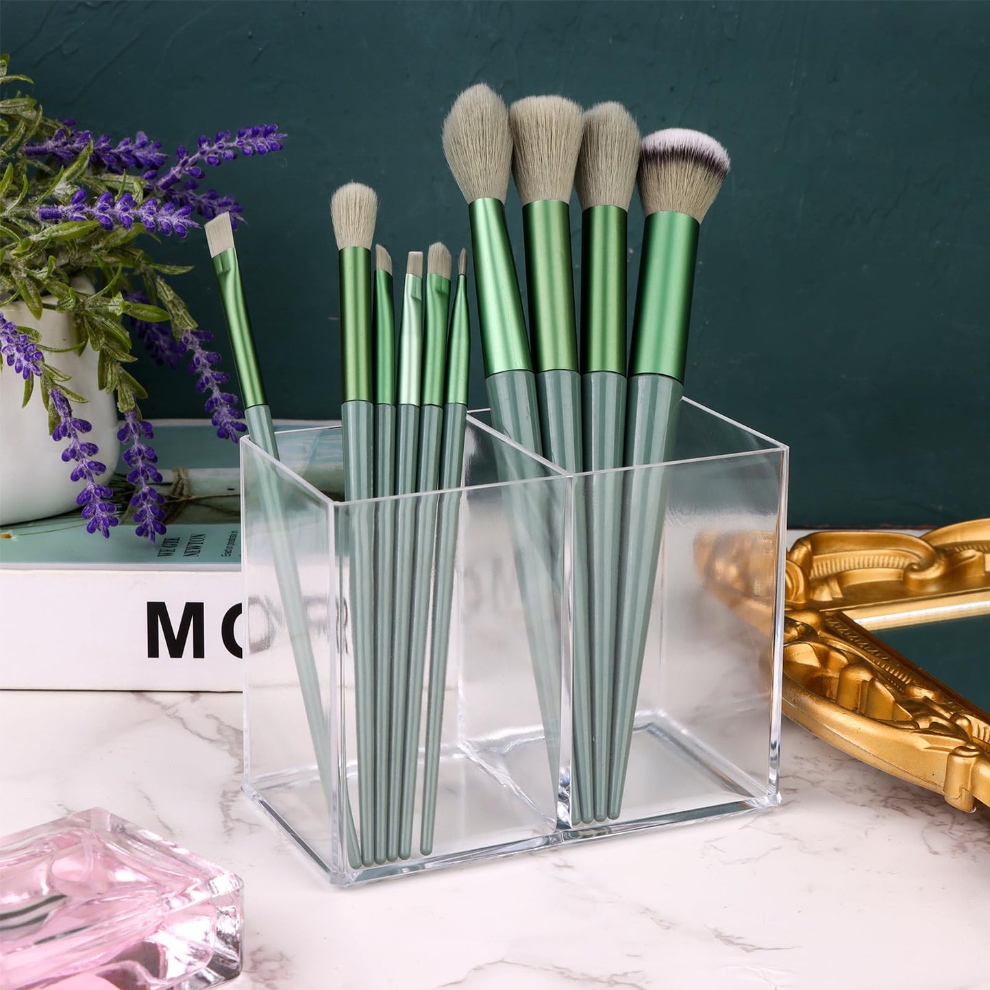 2Pcs Acrylic Pen Holder With 2 Compartments, Square Pencil Organizer, Transparent Cup for Makeup Brushes, Clear Storage Basket for School, Home, Office