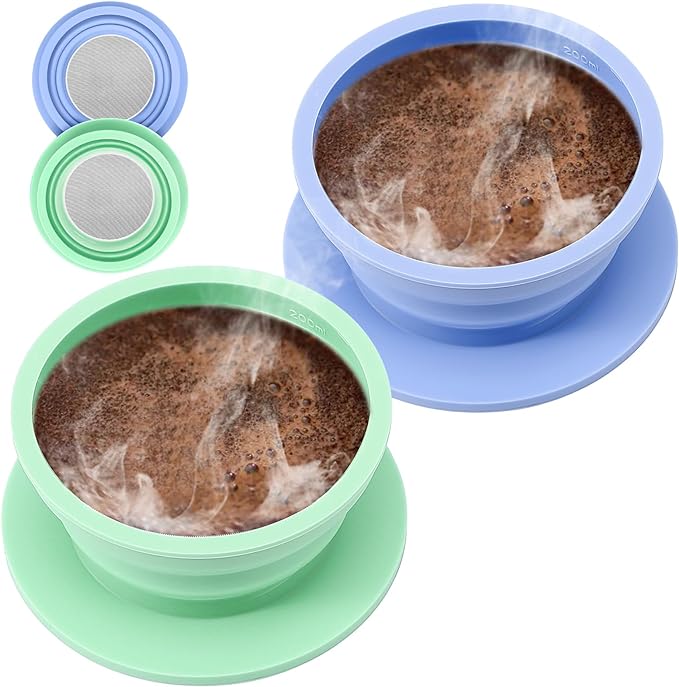 2-Packs Paperless Collapsible Travel Pour Over Coffee Dripper Kit Portable Coffee Filter - Travel Pour Over Coffee Maker Camping - Reusable Coffee Strainer Pour Over Cup (Blue+Green)