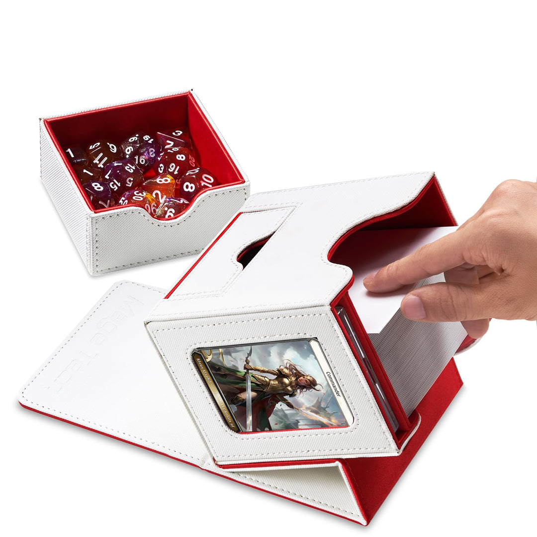 Mage Tech Card Deck Box for MTG Commander - Patented Design, Commander Display, Fits 100 Double-Sleeved Cards, 35pt Card Brick & Dice Tray - White/Red